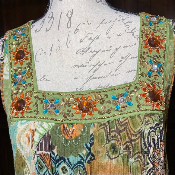 Forbidden Women’s Vintage 90s Earth Mama Crinkle Beaded Hippie Dress Medium - Picture 2 of 5